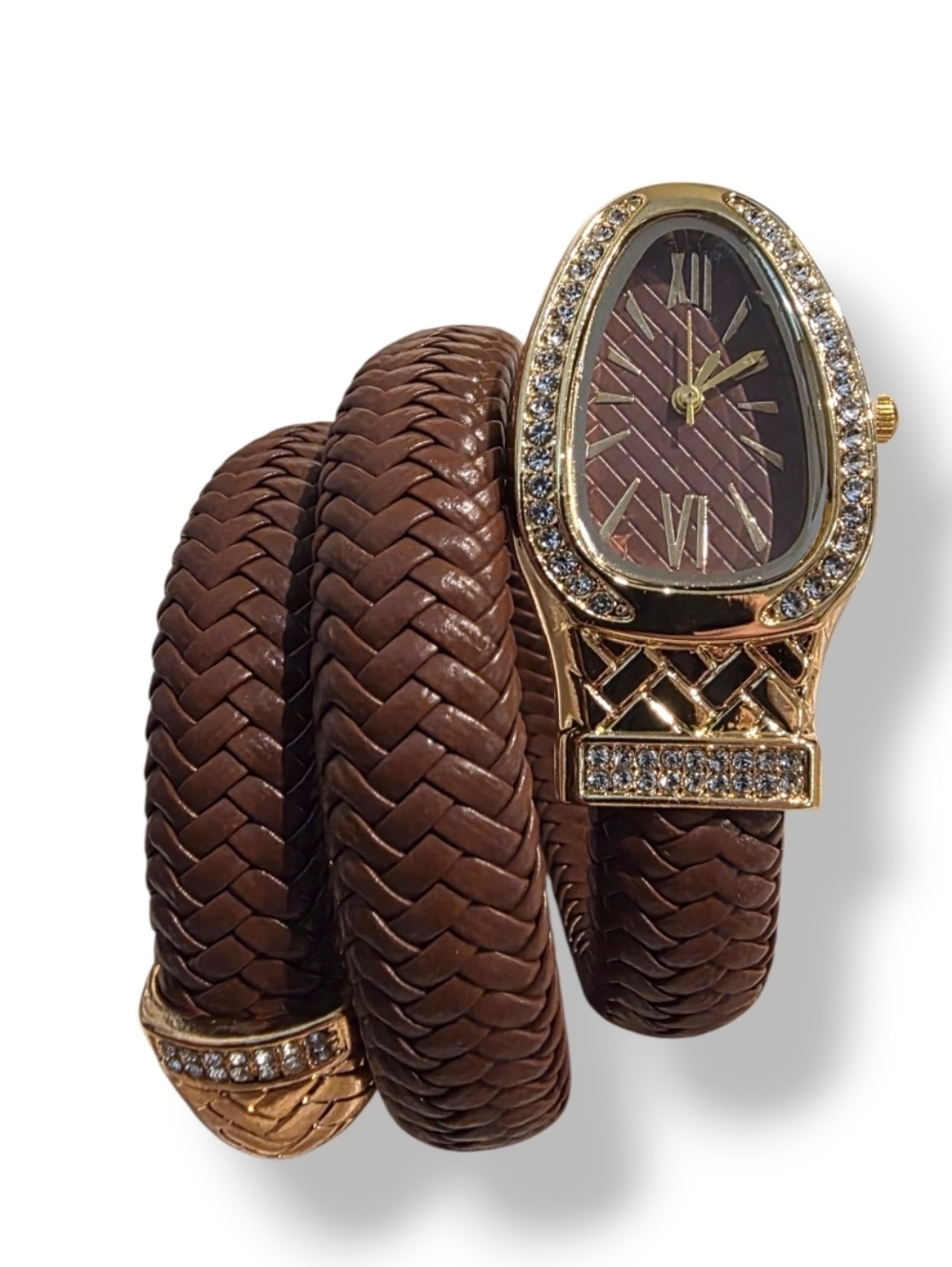 New! Serpent Wrap Watch • Brown Braided Leather Coil • Gold Crystal Bezel •NWOT